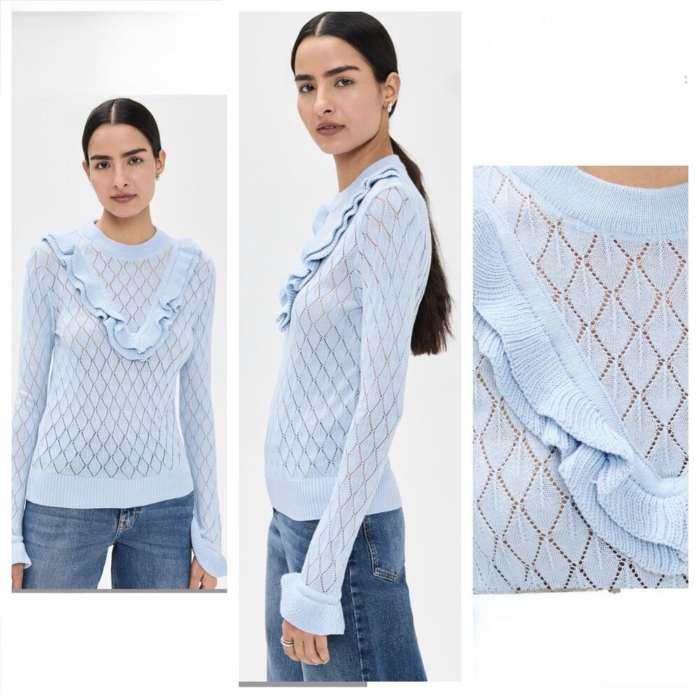 The Lulo Project Quiet Storm Blue Ruffle Pointelle Sweater M NWT